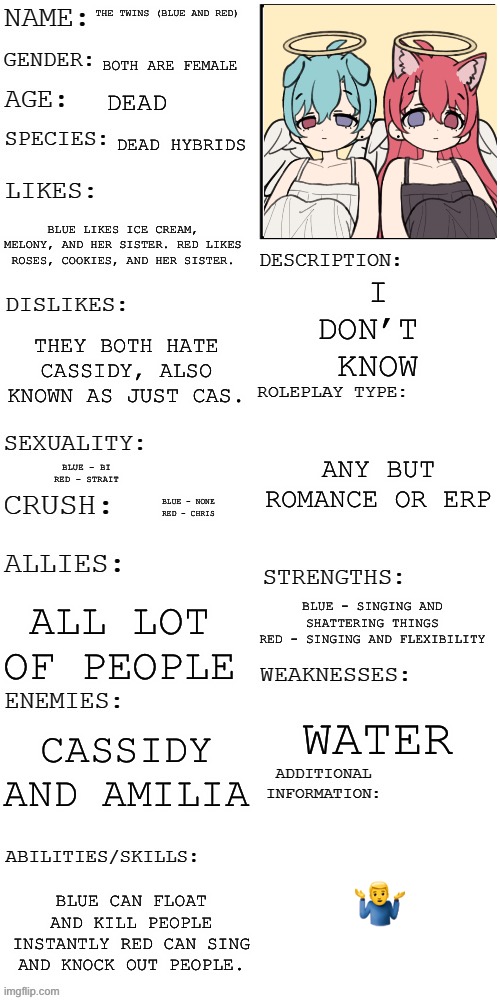 Red and Blue | THE TWINS (BLUE AND RED); BOTH ARE FEMALE; DEAD; DEAD HYBRIDS; BLUE LIKES ICE CREAM, MELONY, AND HER SISTER. RED LIKES ROSES, COOKIES, AND HER SISTER. I
DON’T 
KNOW; THEY BOTH HATE CASSIDY, ALSO KNOWN AS JUST CAS. ANY BUT ROMANCE OR ERP; BLUE - BI
RED - STRAIT; BLUE - NONE
RED - CHRIS; BLUE - SINGING AND SHATTERING THINGS
RED - SINGING AND FLEXIBILITY; ALL LOT OF PEOPLE; WATER; CASSIDY AND AMILIA; 🤷‍♂️; BLUE CAN FLOAT AND KILL PEOPLE INSTANTLY RED CAN SING AND KNOCK OUT PEOPLE. | image tagged in updated roleplay oc showcase | made w/ Imgflip meme maker