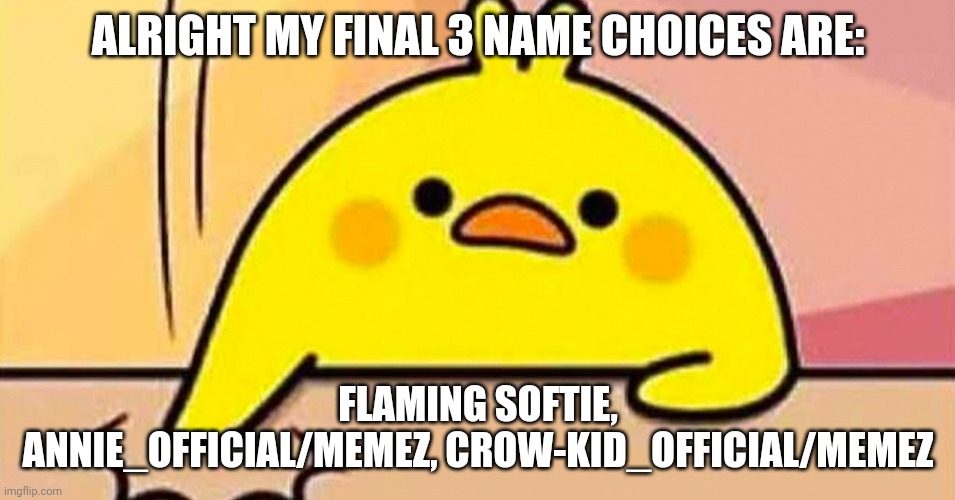 Most Voted plus my favorites also Lacuna. Is a choice (ty reaper for the suggestion) | ALRIGHT MY FINAL 3 NAME CHOICES ARE:; FLAMING SOFTIE, ANNIE_OFFICIAL/MEMEZ, CROW-KID_OFFICIAL/MEMEZ | made w/ Imgflip meme maker