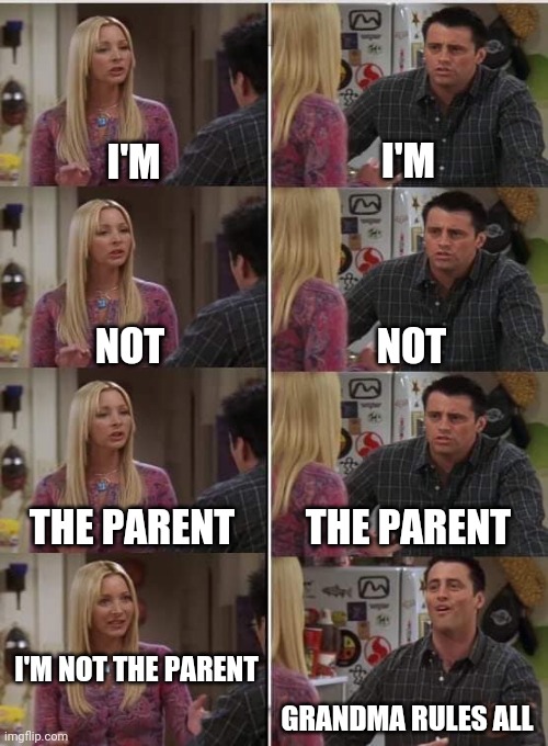 Phoebe Joey | I'M; I'M; NOT; NOT; THE PARENT; THE PARENT; I'M NOT THE PARENT; GRANDMA RULES ALL | image tagged in phoebe joey | made w/ Imgflip meme maker