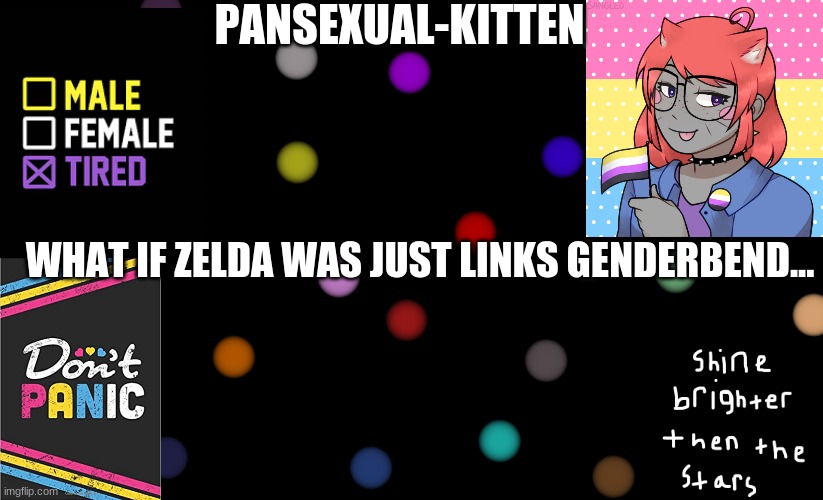 for da zelda fans | WHAT IF ZELDA WAS JUST LINKS GENDERBEND... | image tagged in pansexual-kitten | made w/ Imgflip meme maker