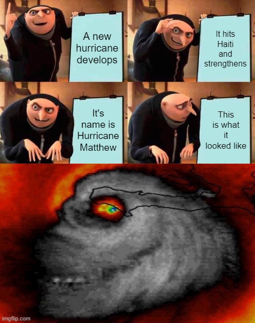 OK, FO REAL, THIS S**T'S SCARY!! | A new hurricane develops; It hits Haiti and strengthens; It's name is Hurricane Matthew; This is what it looked like | image tagged in memes,gru's plan | made w/ Imgflip meme maker