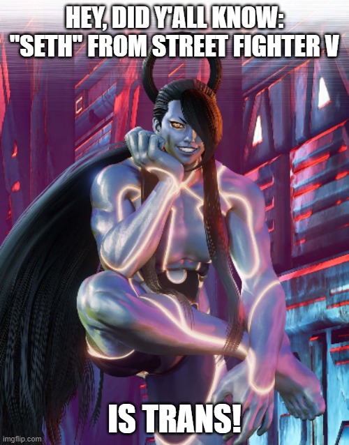 HEY, DID Y'ALL KNOW: "SETH" FROM STREET FIGHTER V; IS TRANS! | image tagged in street fighter,video games,memes,trans,lgbtq,seth | made w/ Imgflip meme maker