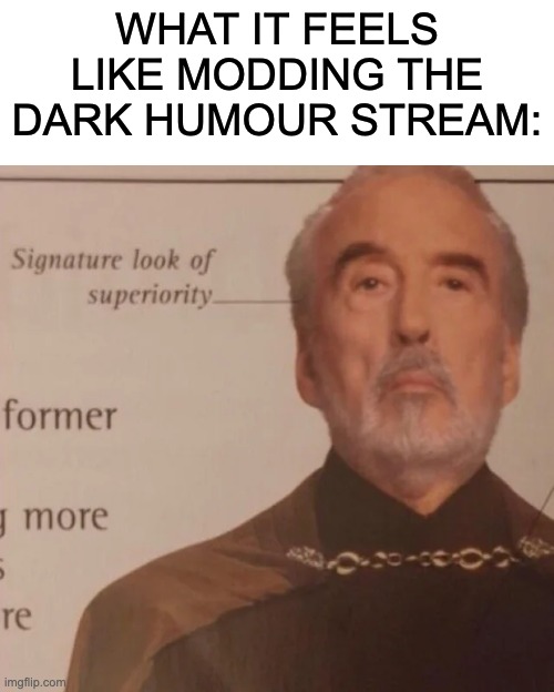 I am le pro jk lol | WHAT IT FEELS LIKE MODDING THE DARK HUMOUR STREAM: | image tagged in signature look of superiority | made w/ Imgflip meme maker
