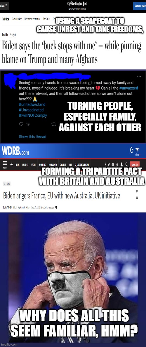 So tell me how TRUMP was "Literally Hitler," Leftards? | USING A SCAPEGOAT TO CAUSE UNREST AND TAKE FREEDOMS, TURNING PEOPLE, ESPECIALLY FAMILY, AGAINST EACH OTHER; FORMING A TRIPARTITE PACT WITH BRITAIN AND AUSTRALIA; WHY DOES ALL THIS SEEM FAMILIAR, HMM? | image tagged in biden hitler,joe biden,hitler | made w/ Imgflip meme maker