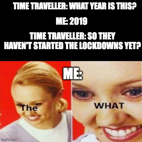 The What - time traveller lockdowns | TIME TRAVELLER: WHAT YEAR IS THIS? ME: 2019; TIME TRAVELLER: SO THEY HAVEN'T STARTED THE LOCKDOWNS YET? ME: | image tagged in the what,covid-19,lockdowns,time travel | made w/ Imgflip meme maker