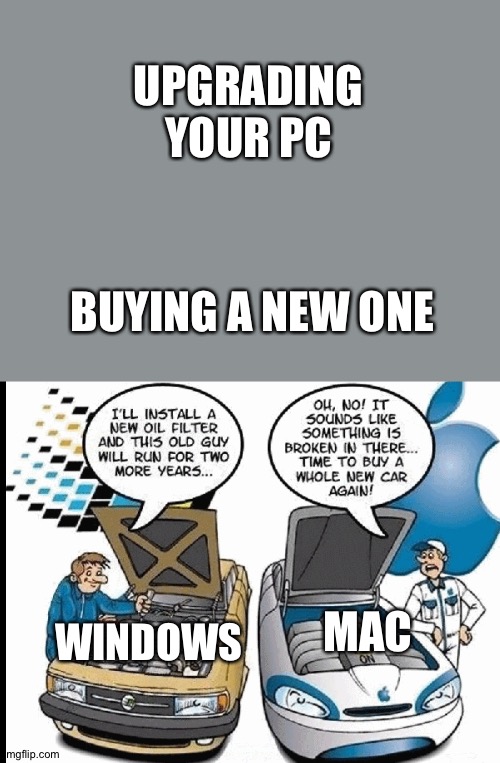 Mac and windows | UPGRADING YOUR PC; BUYING A NEW ONE; MAC; WINDOWS | image tagged in mac vs windows | made w/ Imgflip meme maker