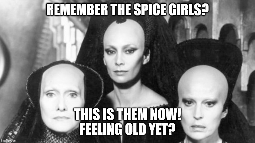 bene gesserit | REMEMBER THE SPICE GIRLS? THIS IS THEM NOW!
FEELING OLD YET? | image tagged in bene gesserit,feel old yet,dune,spice girls | made w/ Imgflip meme maker