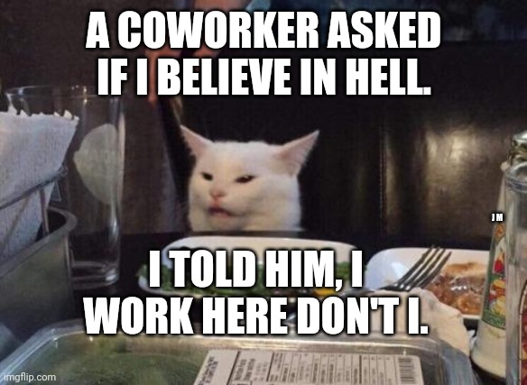 Salad cat | A COWORKER ASKED IF I BELIEVE IN HELL. I TOLD HIM, I WORK HERE DON'T I. J M | image tagged in salad cat | made w/ Imgflip meme maker