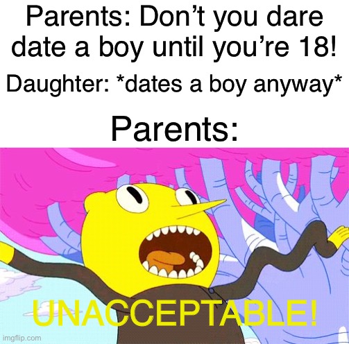 UNACCEPTABLE | Parents: Don’t you dare date a boy until you’re 18! Daughter: *dates a boy anyway*; Parents:; UNACCEPTABLE! | image tagged in unacceptable | made w/ Imgflip meme maker