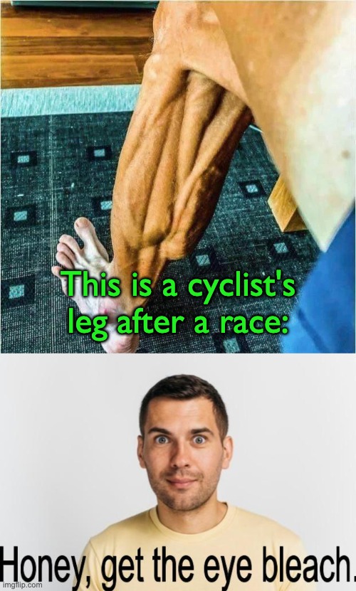 HONEY!! | This is a cyclist's leg after a race: | image tagged in honey get the eye bleach,memes,unfunny | made w/ Imgflip meme maker