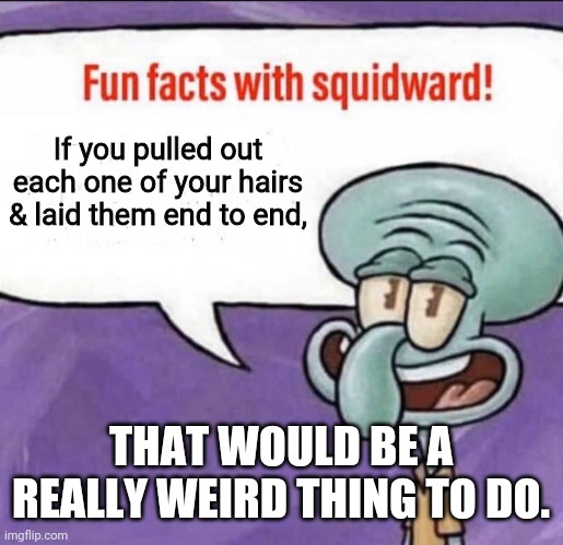 Fun Facts with Squidward | If you pulled out each one of your hairs & laid them end to end, THAT WOULD BE A REALLY WEIRD THING TO DO. | image tagged in fun facts with squidward | made w/ Imgflip meme maker