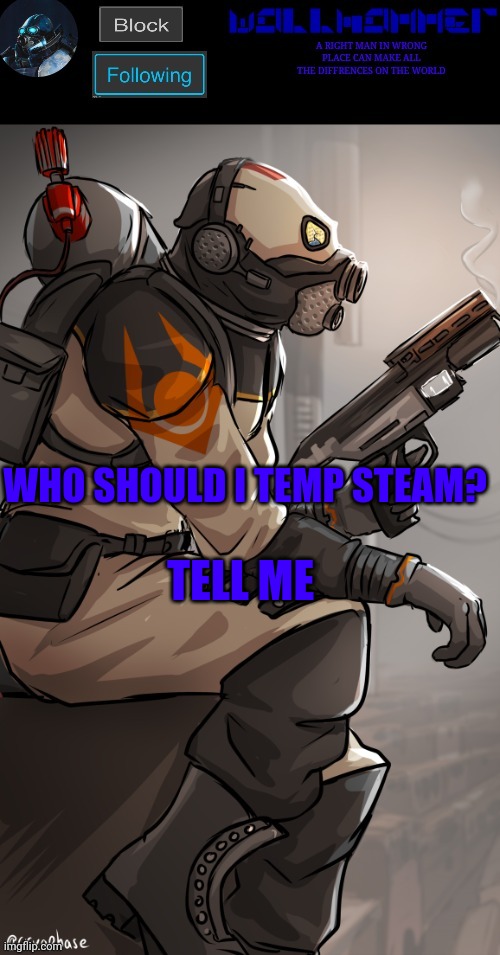 wallhamer | TELL ME; WHO SHOULD I TEMP STEAM? | image tagged in wallhamer | made w/ Imgflip meme maker