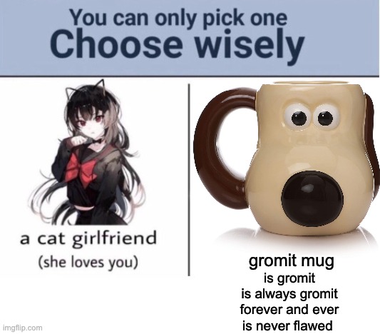 gromit mug, I need it. | gromit mug; is gromit
is always gromit
forever and ever
is never flawed | image tagged in choose wisely,memes,unfunny | made w/ Imgflip meme maker