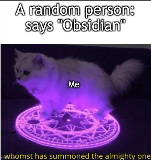 Who has summoned the almighty one | A random person: says "Obsidian"; Me | image tagged in who has summoned the almighty one | made w/ Imgflip meme maker