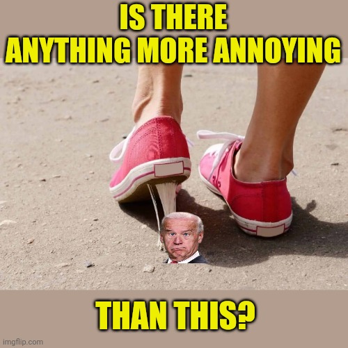 Joe Biden is like the gum stuck to your shoe. Clingy. Doesn't say much. Annoying to get rid of. Creates a mess. | IS THERE ANYTHING MORE ANNOYING; THAN THIS? | image tagged in gum stuck on shoe,joe biden | made w/ Imgflip meme maker