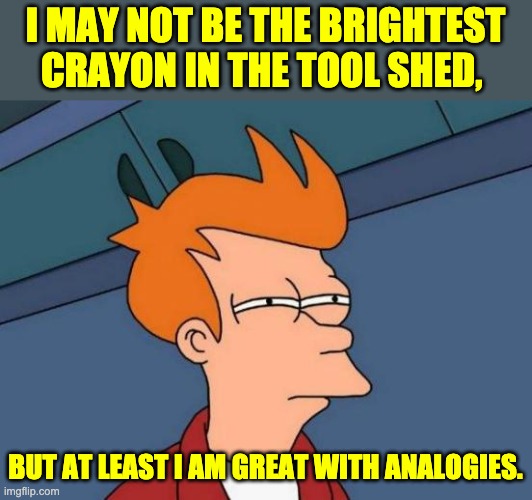 Analogies | I MAY NOT BE THE BRIGHTEST CRAYON IN THE TOOL SHED, BUT AT LEAST I AM GREAT WITH ANALOGIES. | image tagged in memes,futurama fry | made w/ Imgflip meme maker