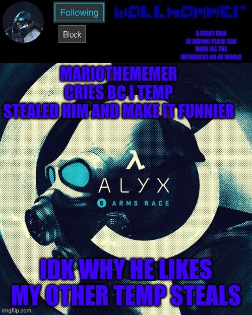 wallhammer | MARIOTHEMEMER CRIES BC I TEMP STEALED HIM AND MAKE IT FUNNIER; IDK WHY HE LIKES MY OTHER TEMP STEALS | image tagged in wallhammer | made w/ Imgflip meme maker