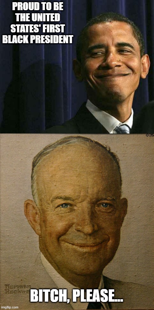 25% Black | PROUD TO BE THE UNITED STATES' FIRST BLACK PRESIDENT; BITCH, PLEASE... | image tagged in obama smug face,eisenhower | made w/ Imgflip meme maker