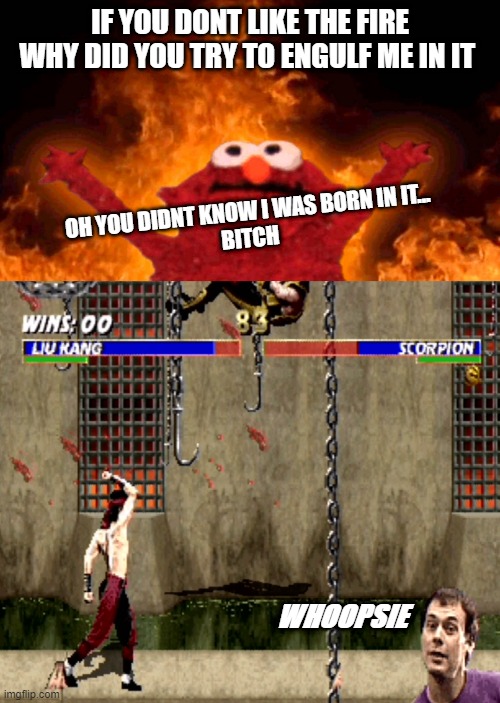 forever burning |  IF YOU DONT LIKE THE FIRE WHY DID YOU TRY TO ENGULF ME IN IT; OH YOU DIDNT KNOW I WAS BORN IN IT...
BITCH; WHOOPSIE | image tagged in angry,sad,fire,elmo,fool,mortal kombat | made w/ Imgflip meme maker