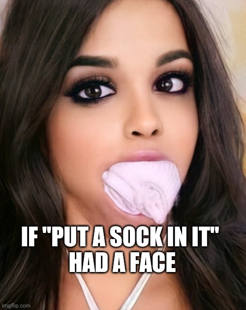 Put a sock in it | IF "PUT A SOCK IN IT" 
HAD A FACE | image tagged in put a sock in it,shut up,big mouth,silence,socks,gag | made w/ Imgflip meme maker