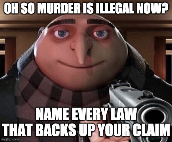 Gru Gun | OH SO MURDER IS ILLEGAL NOW? NAME EVERY LAW THAT BACKS UP YOUR CLAIM | image tagged in gru gun | made w/ Imgflip meme maker