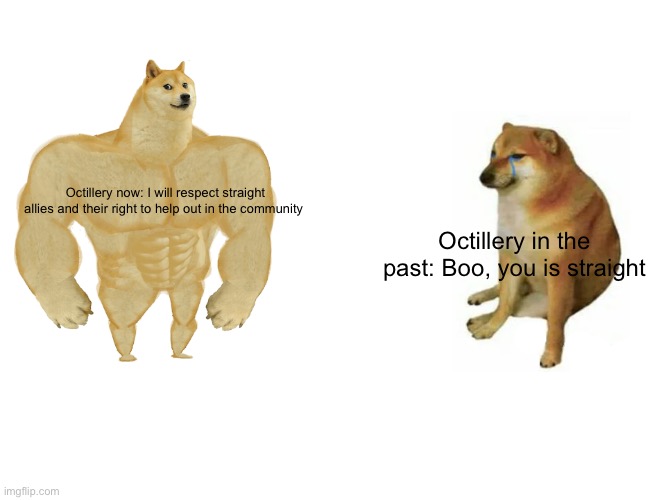 Buff Doge vs. Cheems Meme | Octillery now: I will respect straight allies and their right to help out in the community Octillery in the past: Boo, you is straight | image tagged in memes,buff doge vs cheems | made w/ Imgflip meme maker