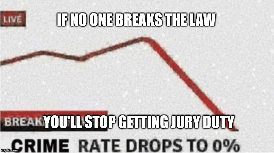 Crime rate drops to zero | IF NO ONE BREAKS THE LAW; YOU'LL STOP GETTING JURY DUTY | image tagged in crime rate drops to zero | made w/ Imgflip meme maker