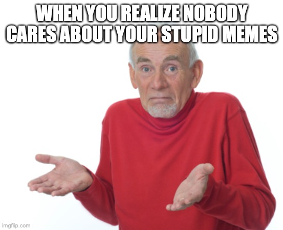 Guess I'll die  | WHEN YOU REALIZE NOBODY CARES ABOUT YOUR STUPID MEMES | image tagged in guess i'll die | made w/ Imgflip meme maker