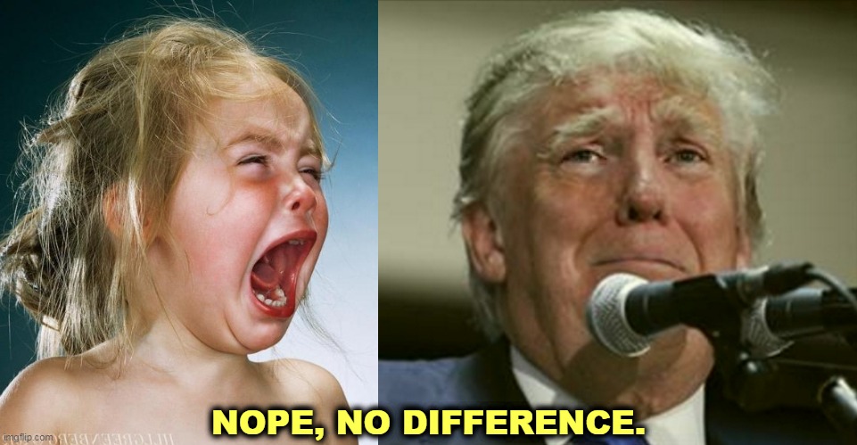 She may grow out of it, maybe. He never will. | NOPE, NO DIFFERENCE. | image tagged in trump tears at the microphone,trump,crybaby,forever | made w/ Imgflip meme maker