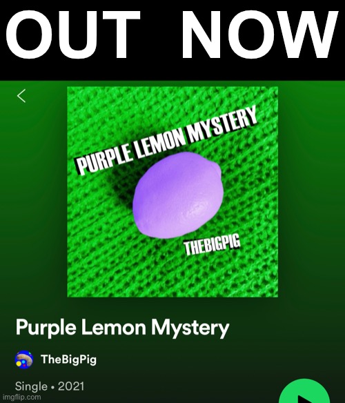Go listen to Purple Lemon Mystery on my Spotify! | OUT  NOW | image tagged in spotify,thebigpig | made w/ Imgflip meme maker
