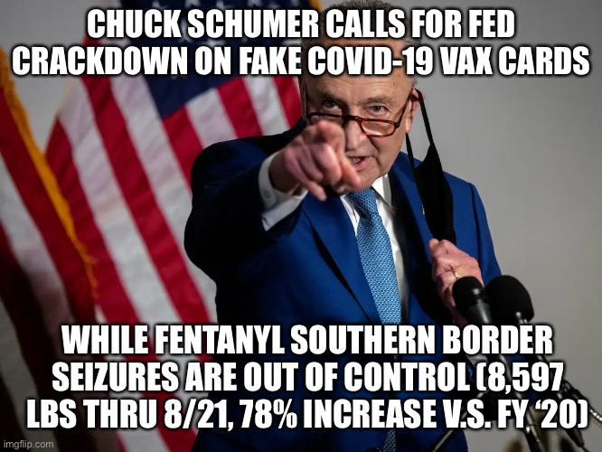 Schumer Wants Jail Time For Fake COVID VAX Cards, Meanwhile….. | CHUCK SCHUMER CALLS FOR FED CRACKDOWN ON FAKE COVID-19 VAX CARDS; WHILE FENTANYL SOUTHERN BORDER SEIZURES ARE OUT OF CONTROL (8,597 LBS THRU 8/21, 78% INCREASE V.S. FY ‘20) | image tagged in political meme,fake vaccine card,fentanyl smuggling,chuck schumer flavor of the day | made w/ Imgflip meme maker