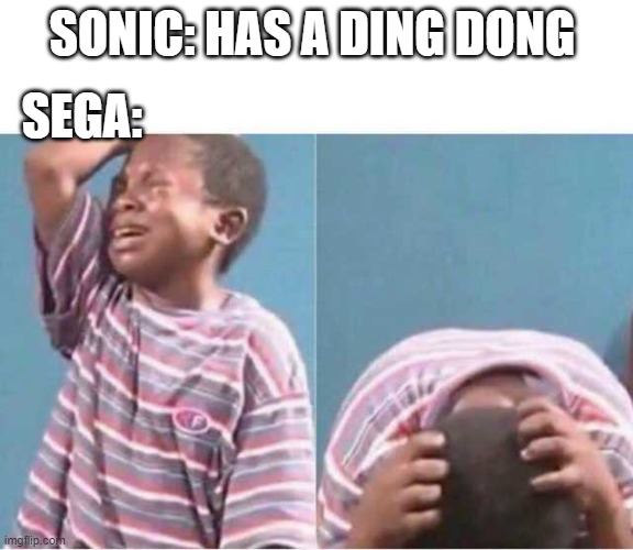 SEGA: not stonks | SONIC: HAS A DING DONG; SEGA: | image tagged in crying kid,sonic the hedgehog | made w/ Imgflip meme maker
