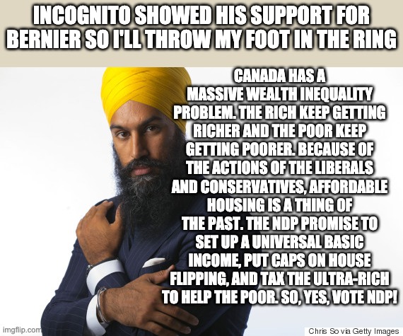 Jagmeet Singh  | CANADA HAS A MASSIVE WEALTH INEQUALITY PROBLEM. THE RICH KEEP GETTING RICHER AND THE POOR KEEP GETTING POORER. BECAUSE OF THE ACTIONS OF THE LIBERALS AND CONSERVATIVES, AFFORDABLE HOUSING IS A THING OF THE PAST. THE NDP PROMISE TO SET UP A UNIVERSAL BASIC INCOME, PUT CAPS ON HOUSE FLIPPING, AND TAX THE ULTRA-RICH TO HELP THE POOR. SO, YES, VOTE NDP! INCOGNITO SHOWED HIS SUPPORT FOR BERNIER SO I'LL THROW MY FOOT IN THE RING | image tagged in jagmeet singh | made w/ Imgflip meme maker