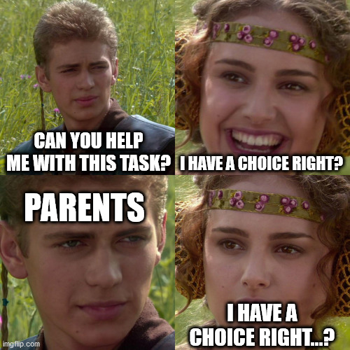 If you are asking if i can do something, why can't i say no? | CAN YOU HELP ME WITH THIS TASK? I HAVE A CHOICE RIGHT? PARENTS; I HAVE A CHOICE RIGHT...? | image tagged in anakin padme 4 panel | made w/ Imgflip meme maker