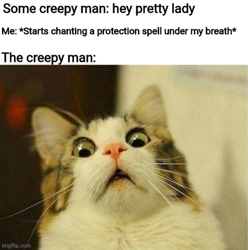 Using paganism against creepy man | Some creepy man: hey pretty lady; Me: *Starts chanting a protection spell under my breath*; The creepy man: | image tagged in memes,scared cat,pagan,magic,witchcraft,spell | made w/ Imgflip meme maker