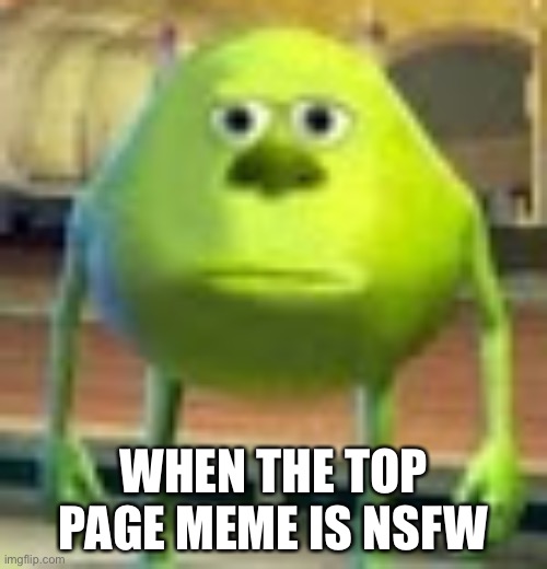 I hate this. It is is like this right now at 9/18/21 | WHEN THE TOP PAGE MEME IS NSFW | image tagged in sully wazowski | made w/ Imgflip meme maker
