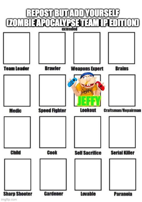 Zombie Apocalypse Team Extended | REPOST BUT ADD YOURSELF (ZOMBIE APOCALYPSE TEAM IP EDITION); JEFFY | image tagged in zombie apocalypse team extended | made w/ Imgflip meme maker