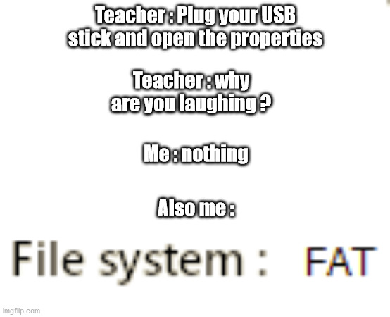 Fat usb | Teacher : Plug your USB stick and open the properties; Teacher : why are you laughing ? Me : nothing; Also me : | image tagged in usb,memes,windows | made w/ Imgflip meme maker