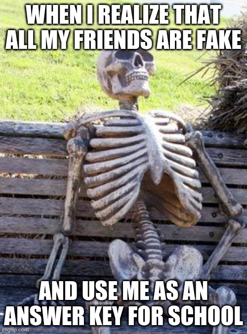 : ( big sad | WHEN I REALIZE THAT ALL MY FRIENDS ARE FAKE; AND USE ME AS AN ANSWER KEY FOR SCHOOL | image tagged in memes,waiting skeleton,answers,fake friends | made w/ Imgflip meme maker