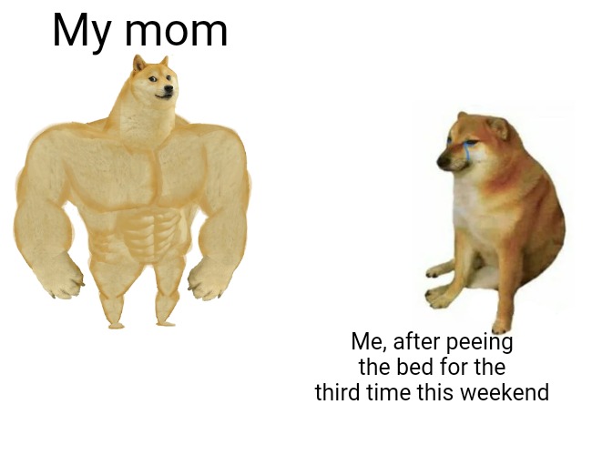 The love but easy not tough | My mom; Me, after peeing the bed for the third time this weekend | image tagged in memes,buff doge vs cheems | made w/ Imgflip meme maker