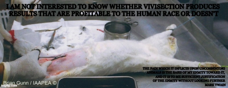 Vivisection |  I AM NOT INTERESTED TO KNOW WHETHER VIVISECTION PRODUCES 
RESULTS THAT ARE PROFITABLE TO THE HUMAN RACE OR DOESN'T; THE PAIN WHICH IT INFLICTS UPON UNCONSENTING 
ANIMALS IS THE BASIS OF MY ENMITY TOWARD IT, 
AND IT IS TO ME SUFFICIENT JUSTIFICATION 
OF THE ENMITY WITHOUT LOOKING FURTHER 
MARK TWAIN | image tagged in vegan,science,pseudoscience,lab,experiment,medical | made w/ Imgflip meme maker