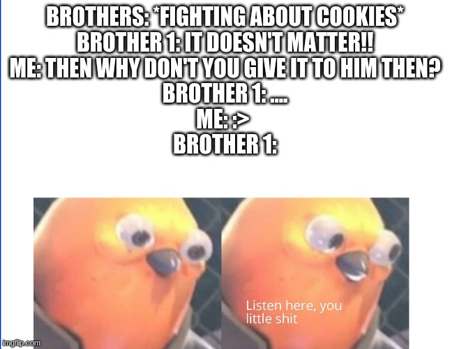 heh- | BROTHERS: *FIGHTING ABOUT COOKIES*
BROTHER 1: IT DOESN'T MATTER!!
ME: THEN WHY DON'T YOU GIVE IT TO HIM THEN?
BROTHER 1: ....
ME: :> 
BROTHER 1: | image tagged in listen here you little shit | made w/ Imgflip meme maker