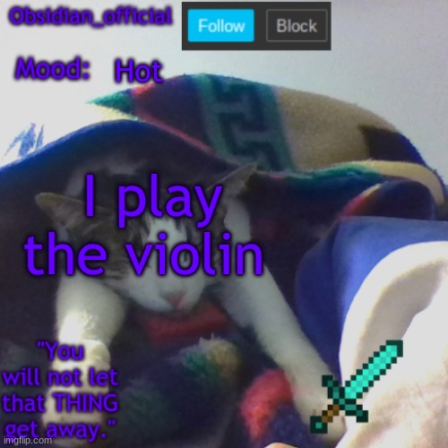 Hot; I play the violin | image tagged in obsidian_official's template2 | made w/ Imgflip meme maker