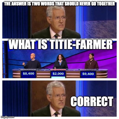 Jeopardy | THE ANSWER IS TWO WORDS THAT SHOULD NEVER GO TOGETHER; WHAT IS TITIE-FARMER; CORRECT | image tagged in jeopardy | made w/ Imgflip meme maker