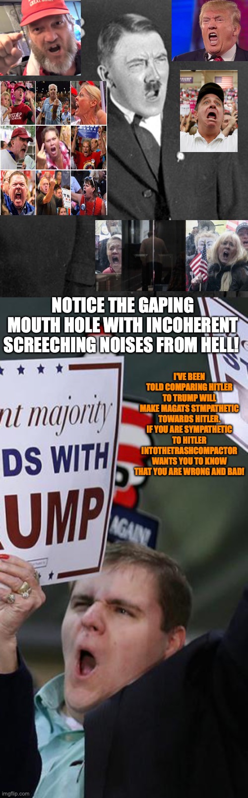 NOTICE THE GAPING MOUTH HOLE WITH INCOHERENT SCREECHING NOISES FROM HELL! I'VE BEEN TOLD COMPARING HITLER TO TRUMP WILL MAKE MAGATS STMPATHETIC TOWARDS HITLER. IF YOU ARE SYMPATHETIC TO HITLER INTOTHETRASHCOMPACTOR WANTS YOU TO KNOW THAT YOU ARE WRONG AND BAD! | image tagged in angry hitler,trump supporter | made w/ Imgflip meme maker