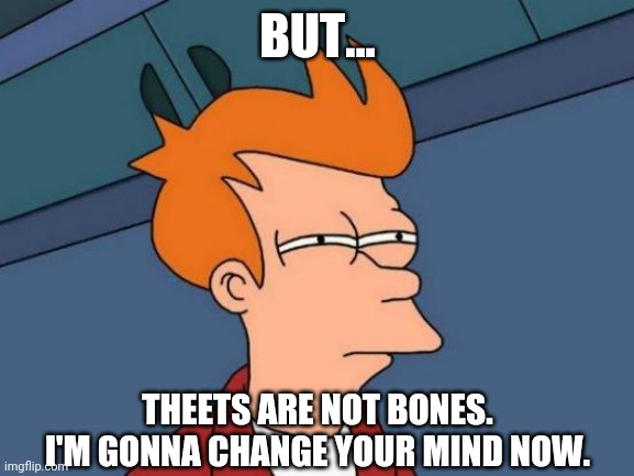 Futurama Fry Meme | BUT... THEETS ARE NOT BONES. I'M GONNA CHANGE YOUR MIND NOW. | image tagged in memes,futurama fry | made w/ Imgflip meme maker