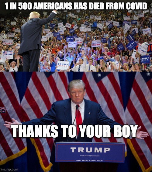 1 IN 500 AMERICANS HAS DIED FROM COVID; THANKS TO YOUR BOY | image tagged in trump rally,donald trump | made w/ Imgflip meme maker
