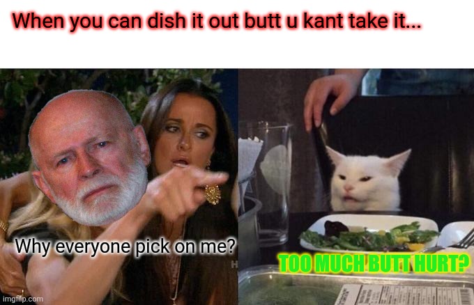 Woman Yelling At Cat Meme | Why everyone pick on me? When you can dish it out butt u kant take it... TOO MUCH BUTT HURT? | image tagged in memes,woman yelling at cat | made w/ Imgflip meme maker