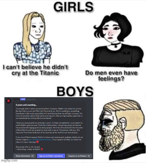 F | image tagged in do men even have feelings,rythm,discord | made w/ Imgflip meme maker
