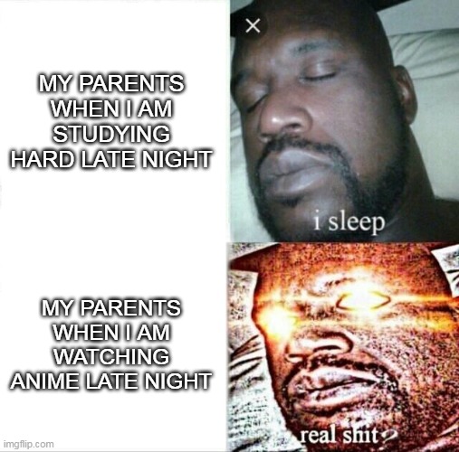 Sleeping Shaq | MY PARENTS WHEN I AM STUDYING HARD LATE NIGHT; MY PARENTS WHEN I AM WATCHING ANIME LATE NIGHT | image tagged in memes,sleeping shaq,anime,mha,attack on titan,naruto | made w/ Imgflip meme maker